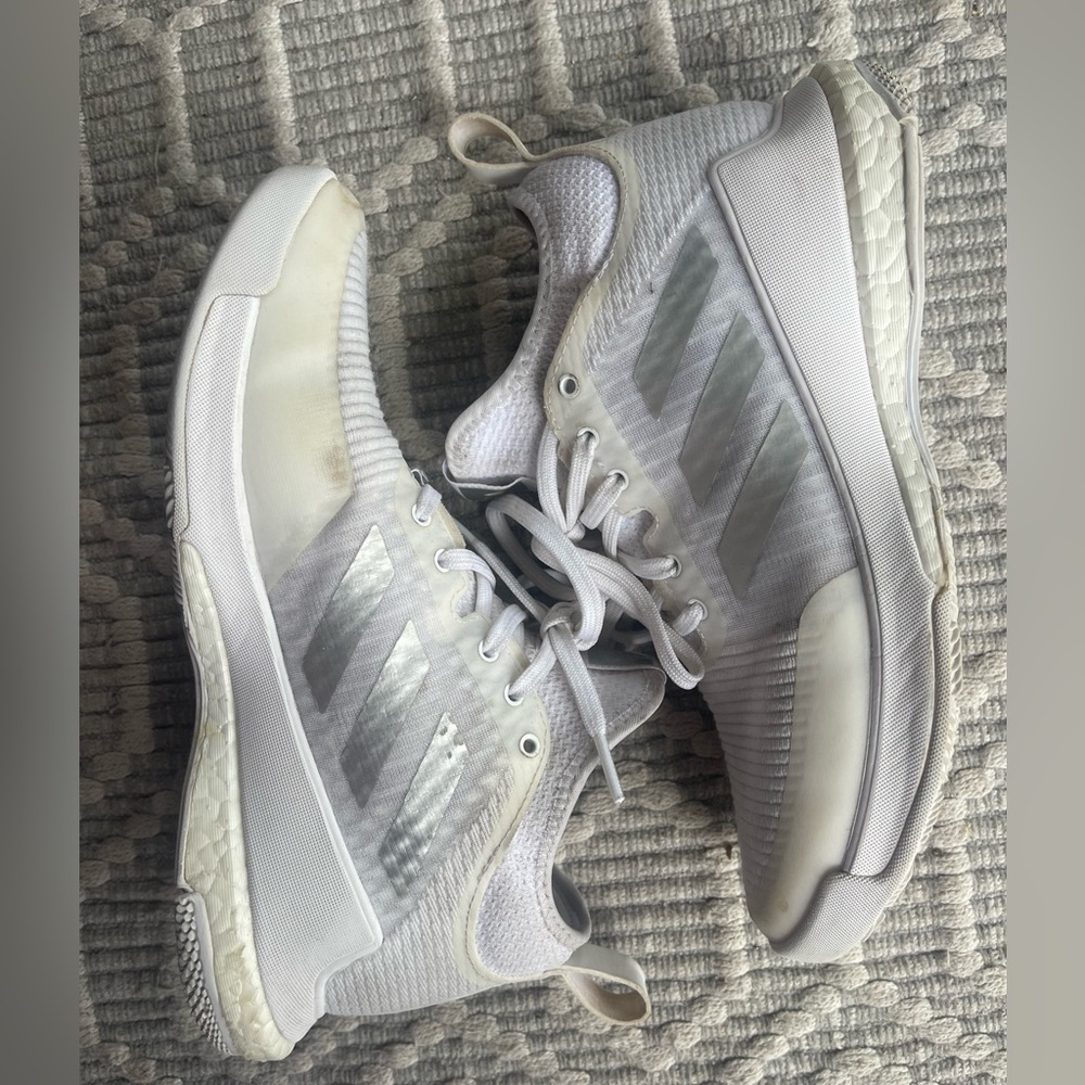 Adidas Woman’s mid volleyball shoe, size 6.5, white and silver
